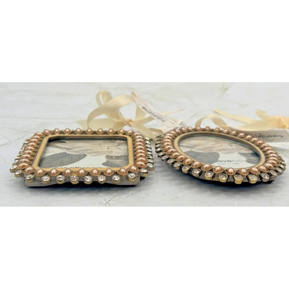 Creative Co-Op Set‎ of 2 Miniature Pewter Frames 2x2-2x3 Faux Beaded Crystal NWT